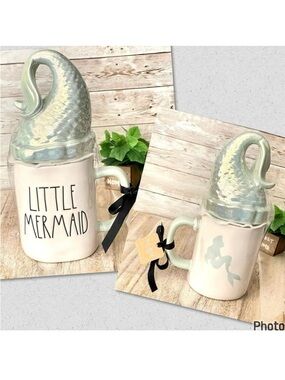 NWT Rae Dunn "LITTLE MERMAID” White Ceramic Mug & Green Iridescent Tail Lid